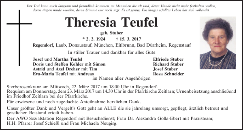  Traueranzeige für Theresia Teufel vom 18.03.2017 aus Mittelbayerische Zeitung Regensburg