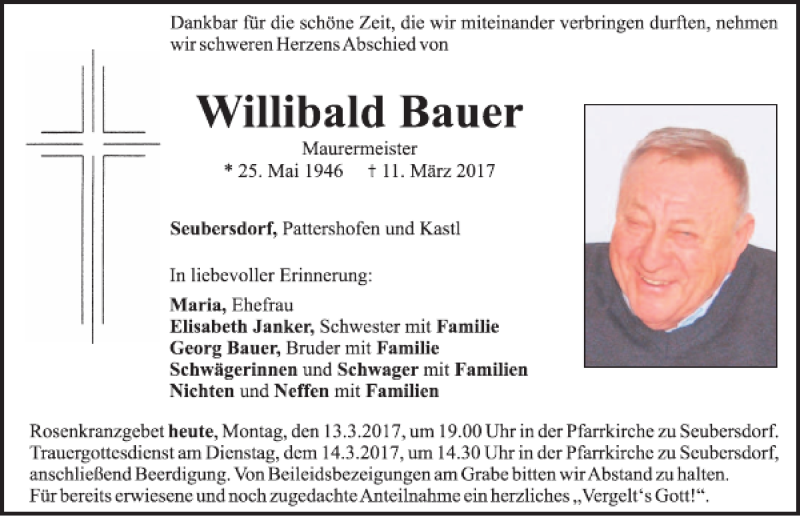  Traueranzeige für Willibald Bauer vom 13.03.2017 aus Neumarkter Tagblatt