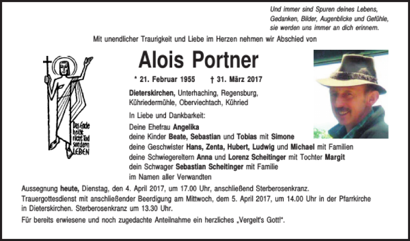  Traueranzeige für Alois Portner vom 04.04.2017 aus Mittelbayerische Zeitung Schwandorf