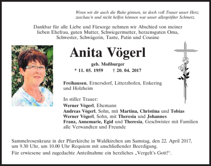  Traueranzeige für Anita Vögerl vom 21.04.2017 aus Neumarkter Tagblatt