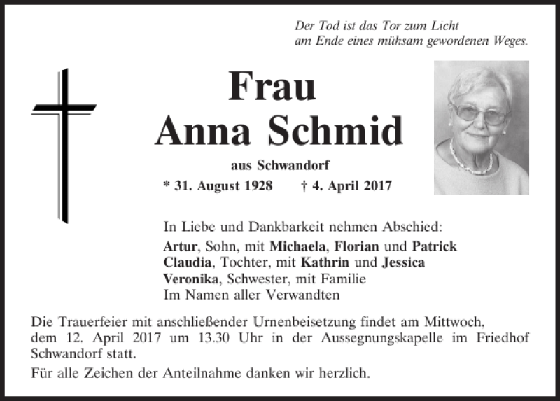 Traueranzeigen Von Anna Schmid | Mittelbayerische Trauer