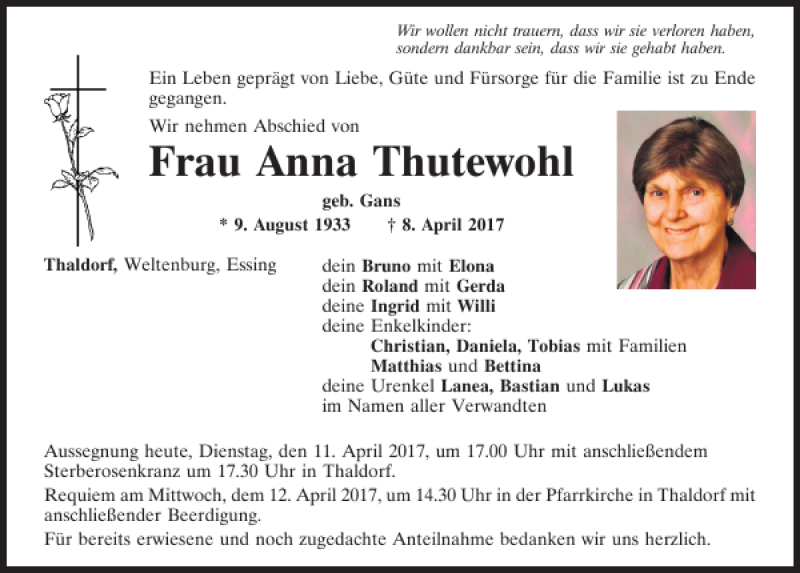  Traueranzeige für Anna Thutewohl vom 11.04.2017 aus Mittelbayerische Zeitung Kelheim