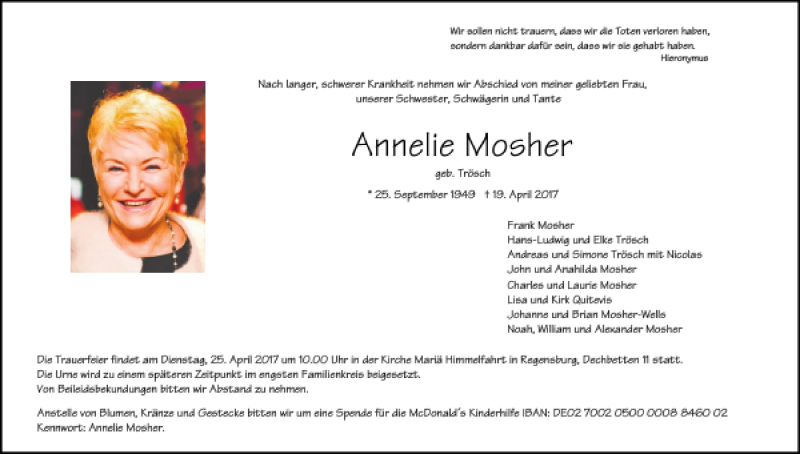  Traueranzeige für Annelie Mosher vom 22.04.2017 aus Mittelbayerische Zeitung Regensburg