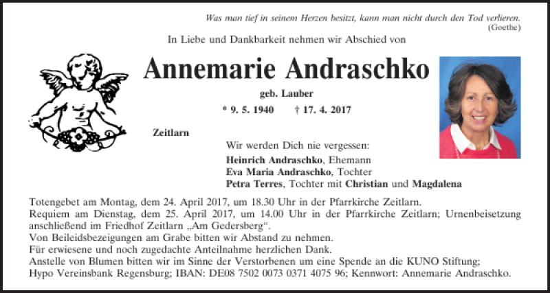  Traueranzeige für Annemarie Andraschko vom 22.04.2017 aus Mittelbayerische Zeitung Regensburg