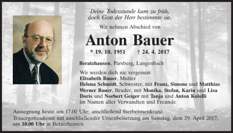  Traueranzeige für Anton Bauer vom 26.04.2017 aus Mittelbayerische Zeitung Regensburg