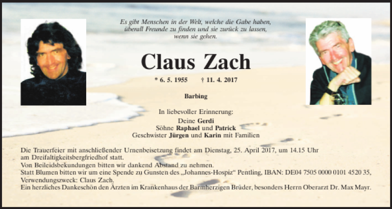  Traueranzeige für Claus Zach vom 19.04.2017 aus Mittelbayerische Zeitung Regensburg