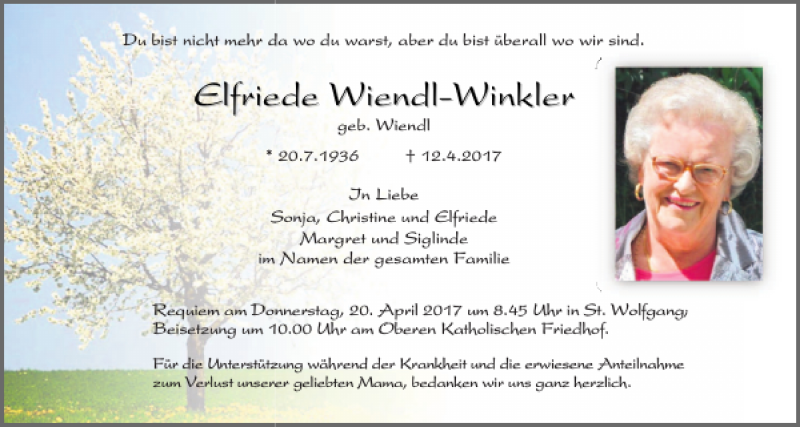  Traueranzeige für Elfriede Wiendl-Winkler vom 15.04.2017 aus Mittelbayerische Zeitung Regensburg