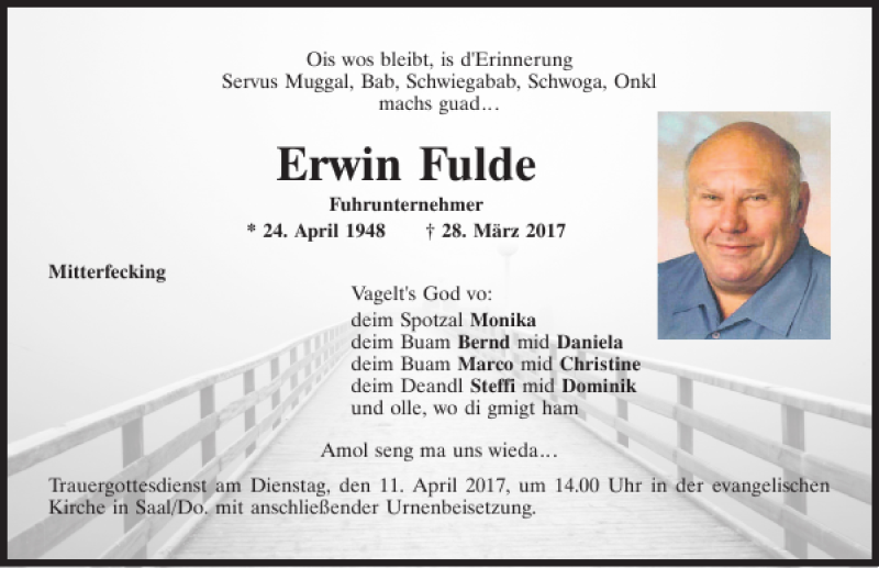  Traueranzeige für Erwin Fulde vom 06.04.2017 aus Mittelbayerische Zeitung Kelheim