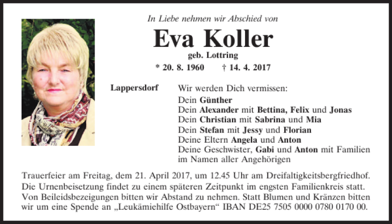  Traueranzeige für Eva Koller vom 19.04.2017 aus Mittelbayerische Zeitung Regensburg