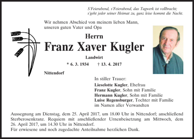  Traueranzeige für Franz Xaver Kugler vom 22.04.2017 aus Mittelbayerische Zeitung Regensburg