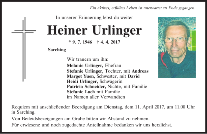  Traueranzeige für Heiner Urlinger vom 07.04.2017 aus Mittelbayerische Zeitung Regensburg