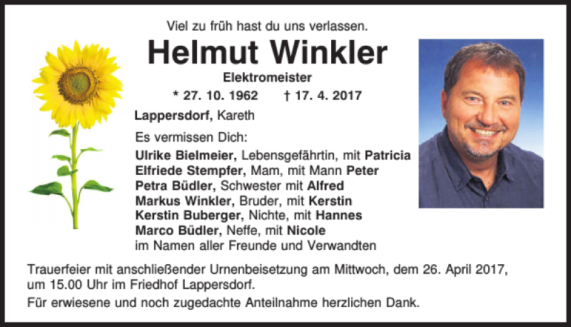  Traueranzeige für Helmut Winkler vom 22.04.2017 aus Mittelbayerische Zeitung Regensburg