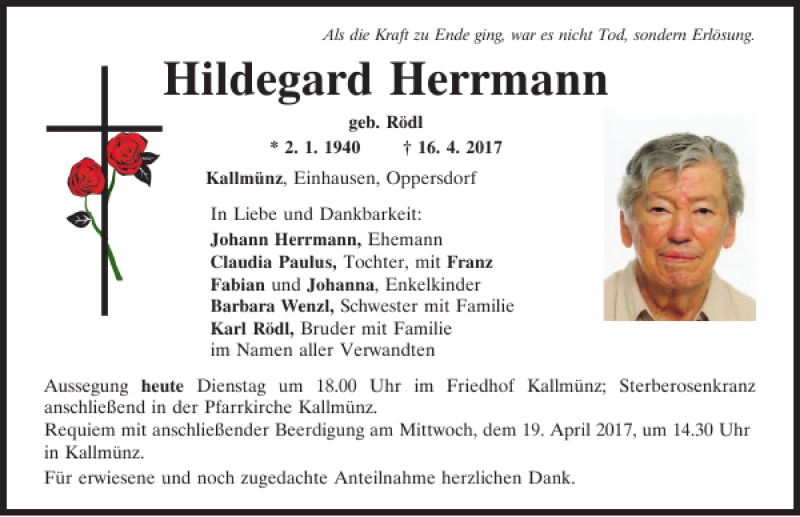  Traueranzeige für Hildegard Herrmann vom 18.04.2017 aus Mittelbayerische Zeitung Regensburg