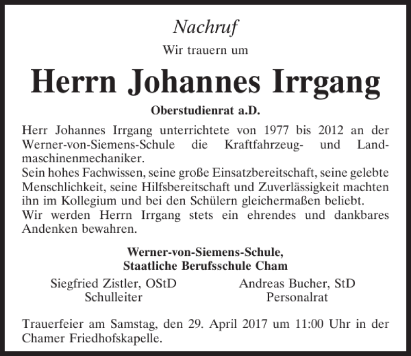 Traueranzeigen Von Johannes Irrgang Mittelbayerische Trauer