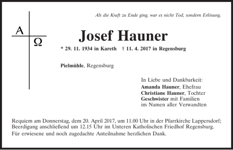  Traueranzeige für Josef Hauner vom 15.04.2017 aus Mittelbayerische Zeitung Regensburg