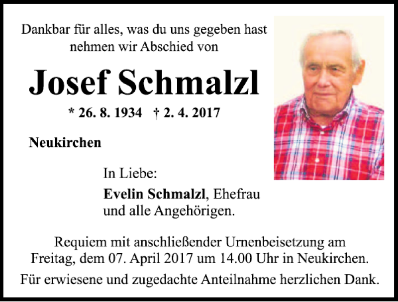  Traueranzeige für Josef Schmalzl vom 05.04.2017 aus Mittelbayerische Zeitung Regensburg