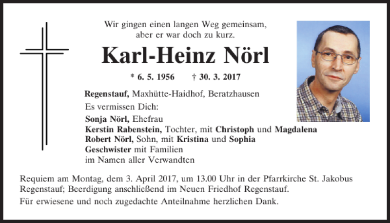  Traueranzeige für Karl-Heinz Nörl vom 01.04.2017 aus Mittelbayerische Zeitung Regensburg