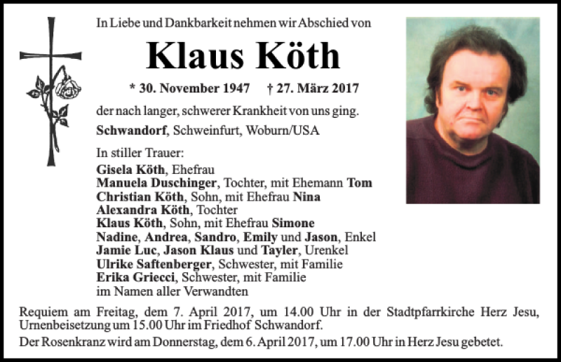  Traueranzeige für Klaus Köth vom 04.04.2017 aus Mittelbayerische Zeitung Schwandorf