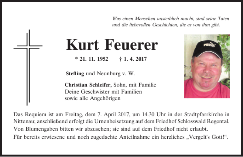  Traueranzeige für Kurt Feuerer vom 03.04.2017 aus Mittelbayerische Zeitung Schwandorf