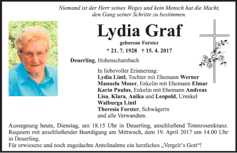 Traueranzeigen von Lydia Graf | Mittelbayerische Trauer