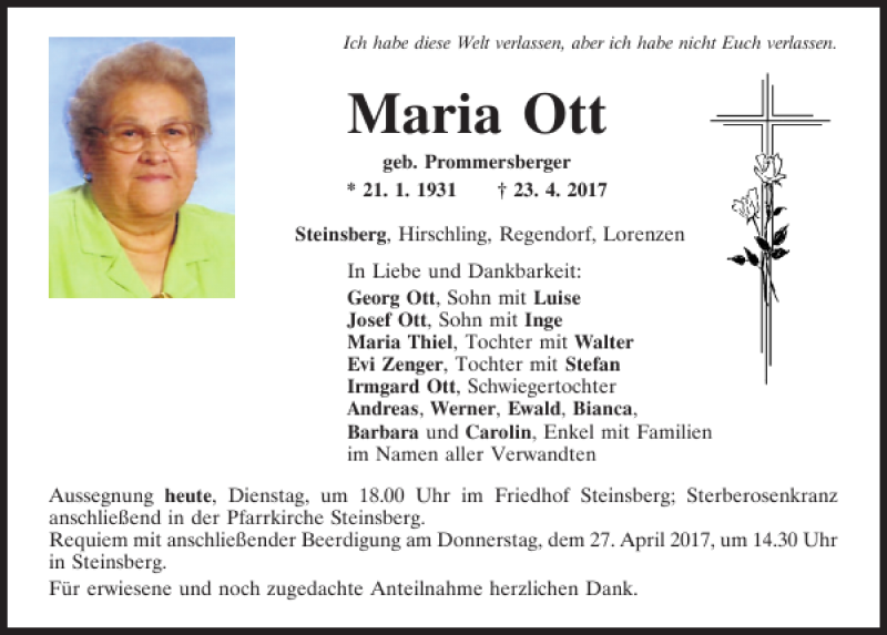  Traueranzeige für Maria Ott vom 25.04.2017 aus Mittelbayerische Zeitung Regensburg