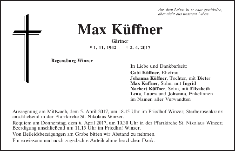  Traueranzeige für Max Küffner vom 04.04.2017 aus Mittelbayerische Zeitung Regensburg