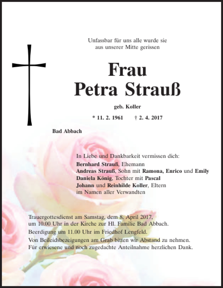  Traueranzeige für Petra Strauß vom 05.04.2017 aus Mittelbayerische Zeitung Kelheim