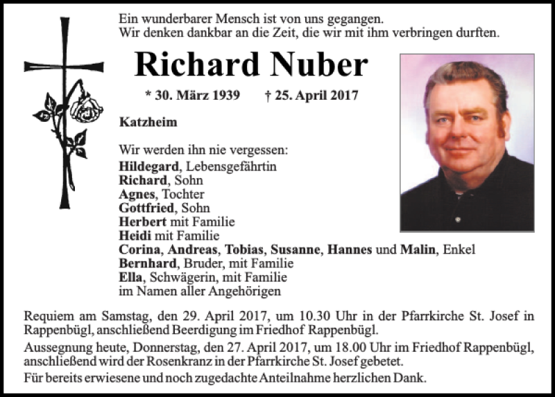  Traueranzeige für Richard Nuber vom 27.04.2017 aus Mittelbayerische Zeitung Schwandorf