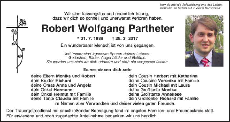  Traueranzeige für Robert Wolfgang Partheter vom 08.04.2017 aus Mittelbayerische Zeitung Regensburg