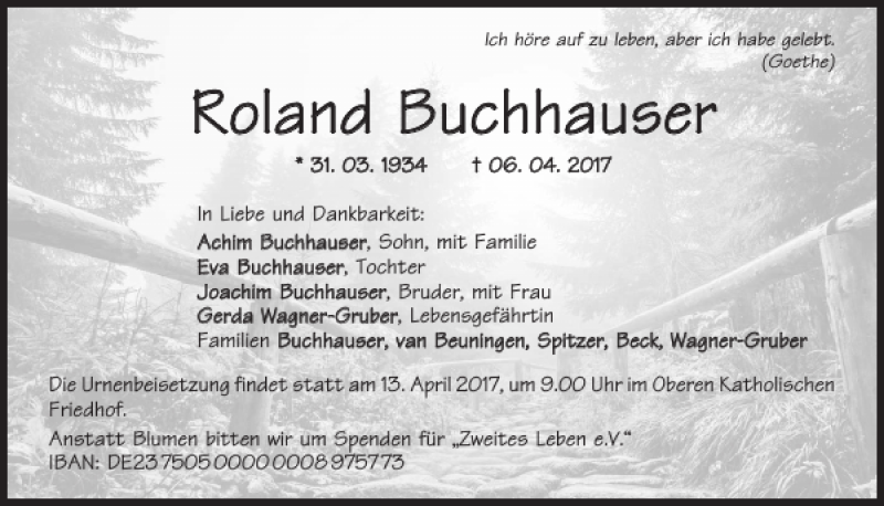  Traueranzeige für Roland Buchhauser vom 08.04.2017 aus Mittelbayerische Zeitung Regensburg