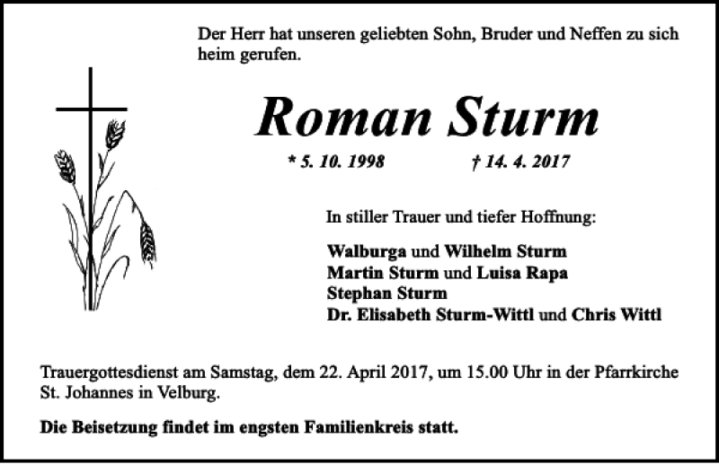  Traueranzeige für Roman Sturm vom 21.04.2017 aus Neumarkter Tagblatt