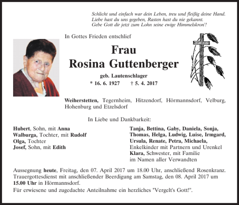  Traueranzeige für Rosina Guttenberger vom 07.04.2017 aus Neumarkter Tagblatt