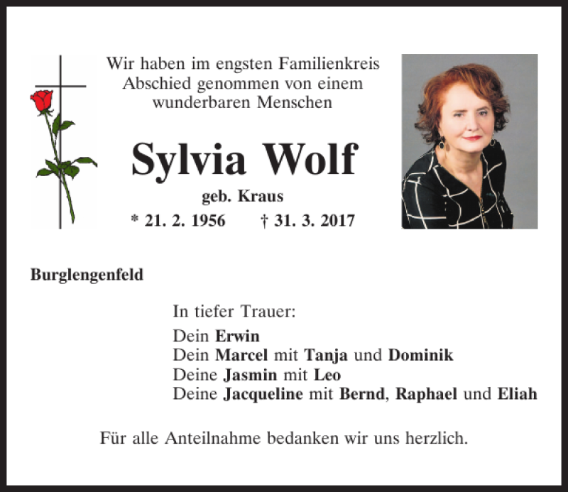  Traueranzeige für Sylvia Wolf vom 08.04.2017 aus Mittelbayerische Zeitung Regensburg