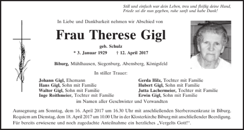  Traueranzeige für Therese Gigl vom 15.04.2017 aus Mittelbayerische Zeitung Kelheim