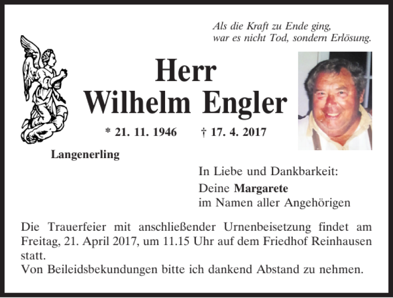  Traueranzeige für Wilhelm Engler vom 19.04.2017 aus Mittelbayerische Zeitung Regensburg