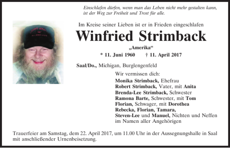  Traueranzeige für Winfried Strimback vom 19.04.2017 aus Mittelbayerische Zeitung Schwandorf