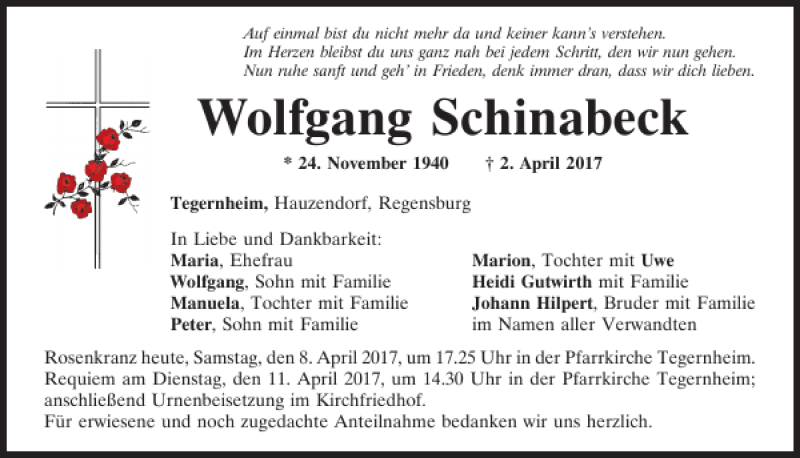  Traueranzeige für Wolfgang Schinabeck vom 08.04.2017 aus Mittelbayerische Zeitung Regensburg