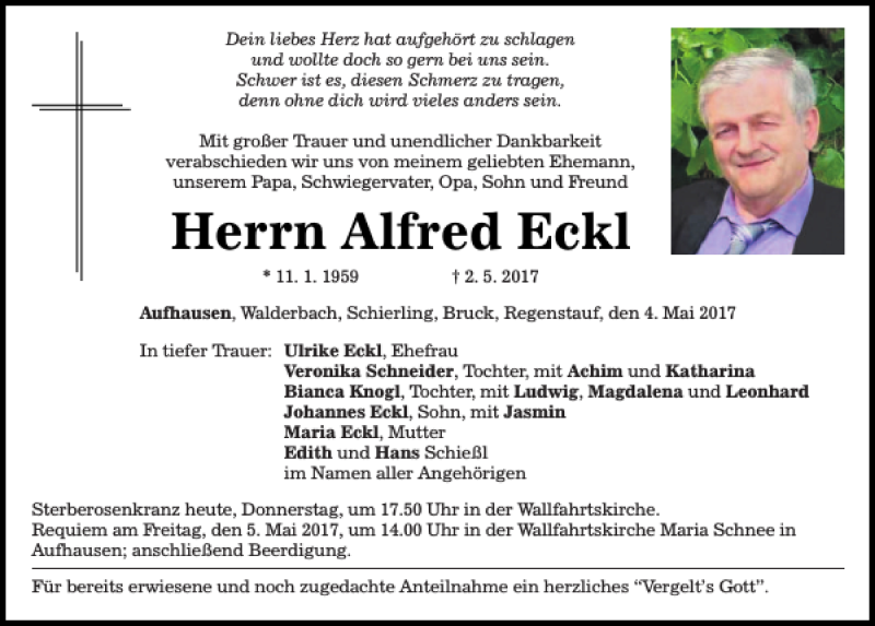  Traueranzeige für Alfred Eckl vom 04.05.2017 aus Mittelbayerische Zeitung Regensburg