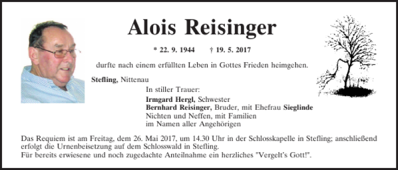  Traueranzeige für Alois Reisinger vom 24.05.2017 aus Mittelbayerische Zeitung Schwandorf