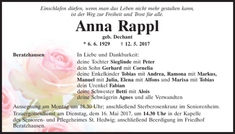  Traueranzeige für Anna Rappl vom 13.05.2017 aus Mittelbayerische Zeitung Regensburg