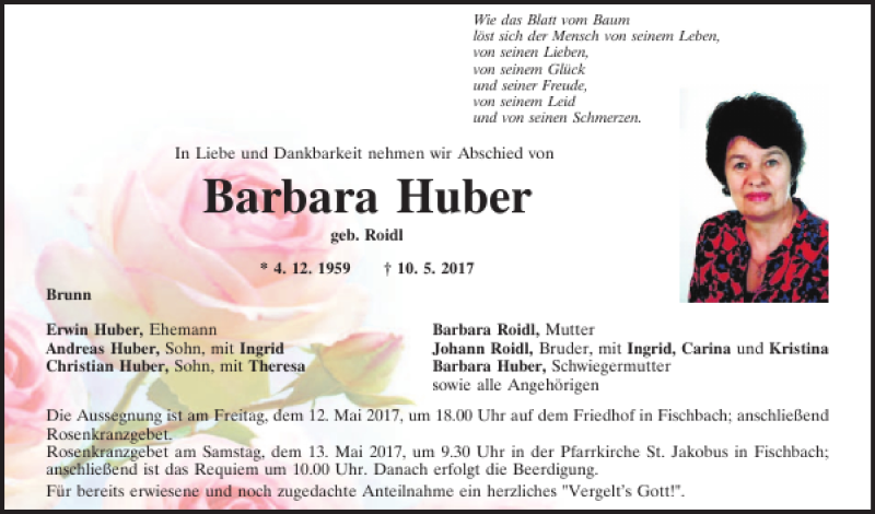  Traueranzeige für Barbara Huber vom 12.05.2017 aus Mittelbayerische Zeitung Schwandorf