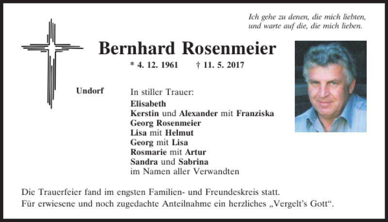  Traueranzeige für Bernhard Rosenmeier vom 22.05.2017 aus Mittelbayerische Zeitung Regensburg