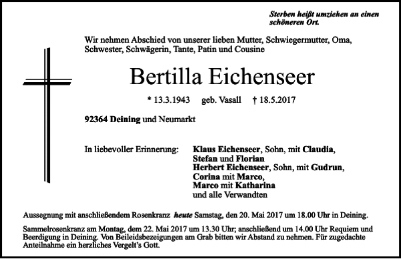  Traueranzeige für Bertilla Eichenseer vom 20.05.2017 aus Neumarkter Tagblatt