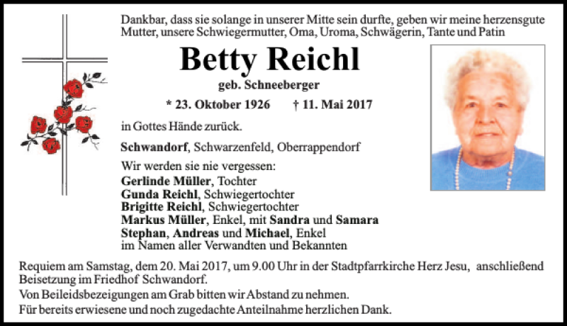  Traueranzeige für Betty Reichl vom 16.05.2017 aus Mittelbayerische Zeitung Schwandorf