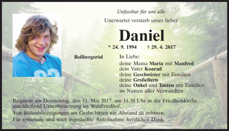  Traueranzeige für Daniel  vom 09.05.2017 aus Mittelbayerische Zeitung Schwandorf