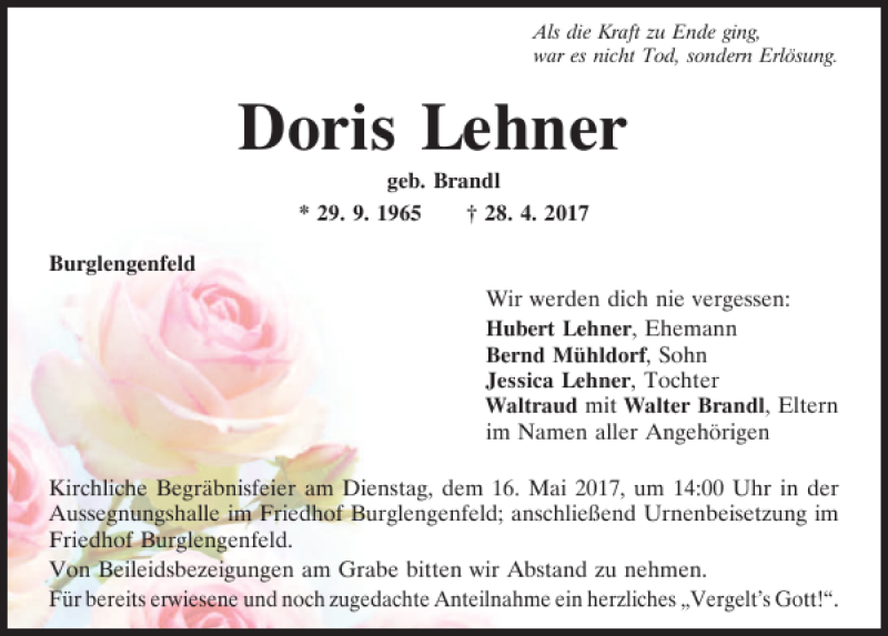  Traueranzeige für Doris Lehner vom 13.05.2017 aus Mittelbayerische Zeitung Schwandorf