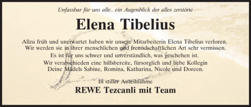  Traueranzeige für Elena Tibelius vom 31.05.2017 aus Mittelbayerische Zeitung Kelheim