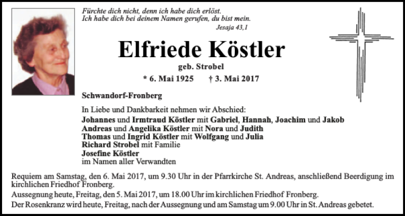  Traueranzeige für Elfriede Köstler vom 05.05.2017 aus Mittelbayerische Zeitung Schwandorf