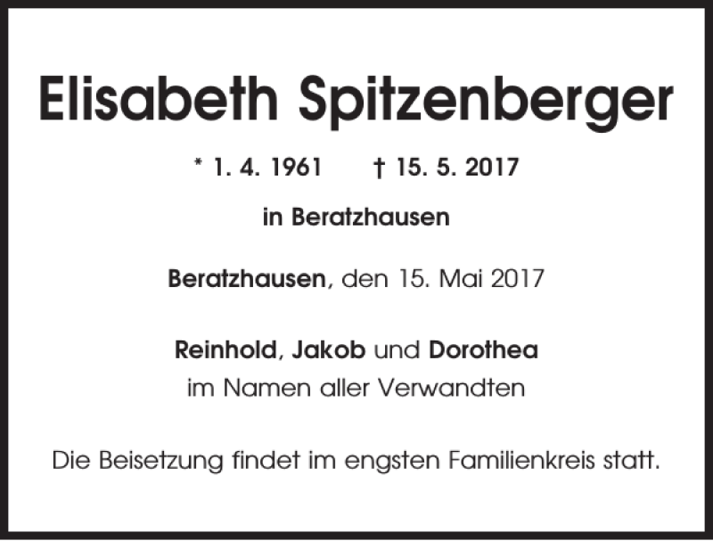  Traueranzeige für Elisabeth Spitzenberger vom 17.05.2017 aus Mittelbayerische Zeitung Regensburg