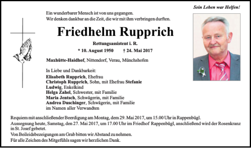  Traueranzeige für Friedhelm Rupprich vom 27.05.2017 aus Mittelbayerische Zeitung Schwandorf